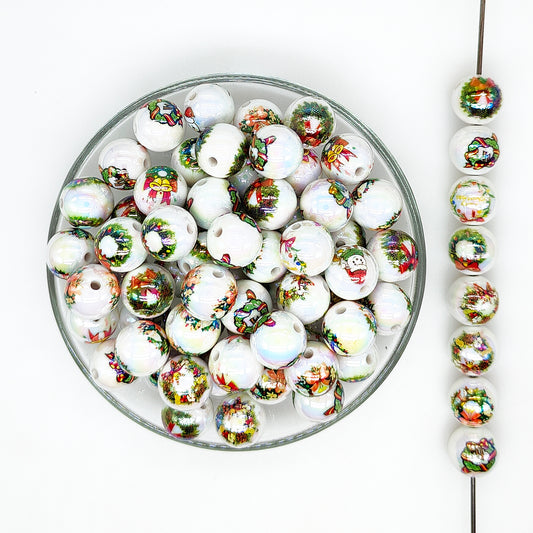 16mm Christmas Wreath Print Assorted Acrylic Gumball Beads