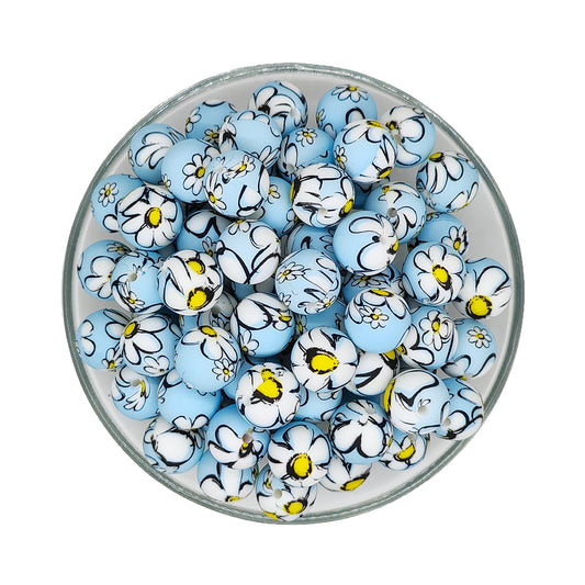 15mm Blue White Flower Print Round Silicone Beads