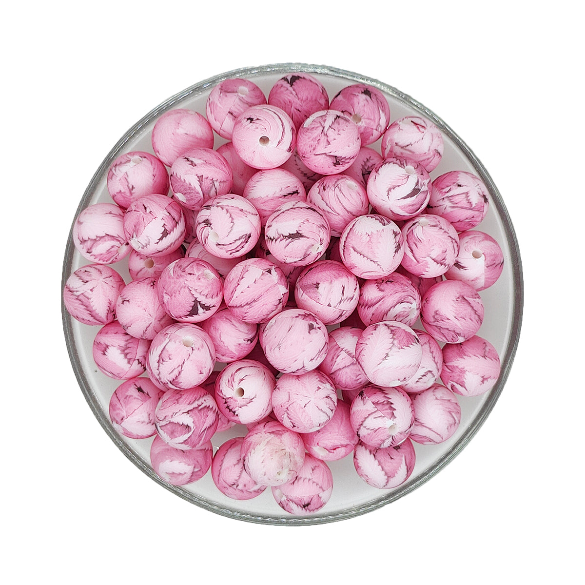 15mm Pink Leaf Print Round Silicone Beads