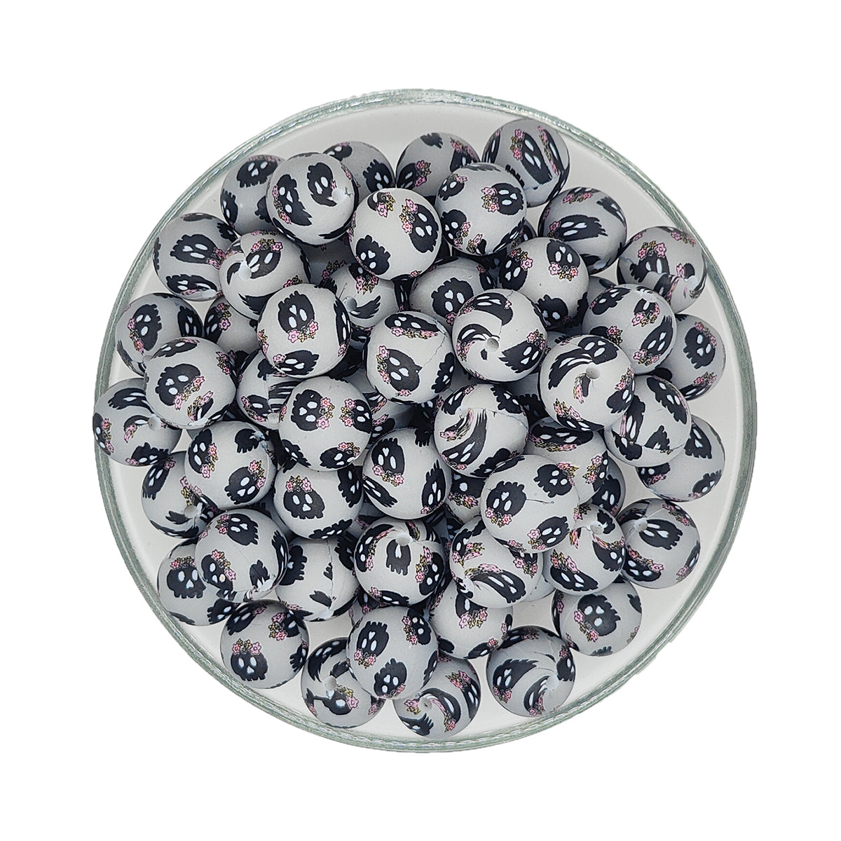 15mm Black Skull Print Round Silicone Beads