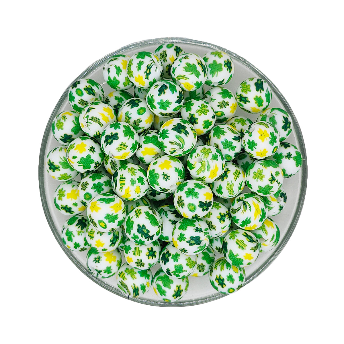 15mm St. Patrick's Day Green Leaf Print Round Silicone Beads