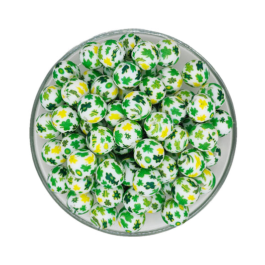 15mm St. Patrick's Day Green Leaf Print Round Silicone Beads