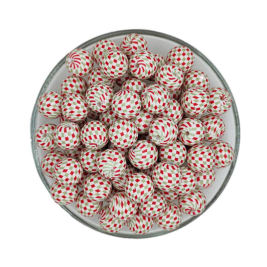 15mm Christmas Check Print Round Silicone Beads