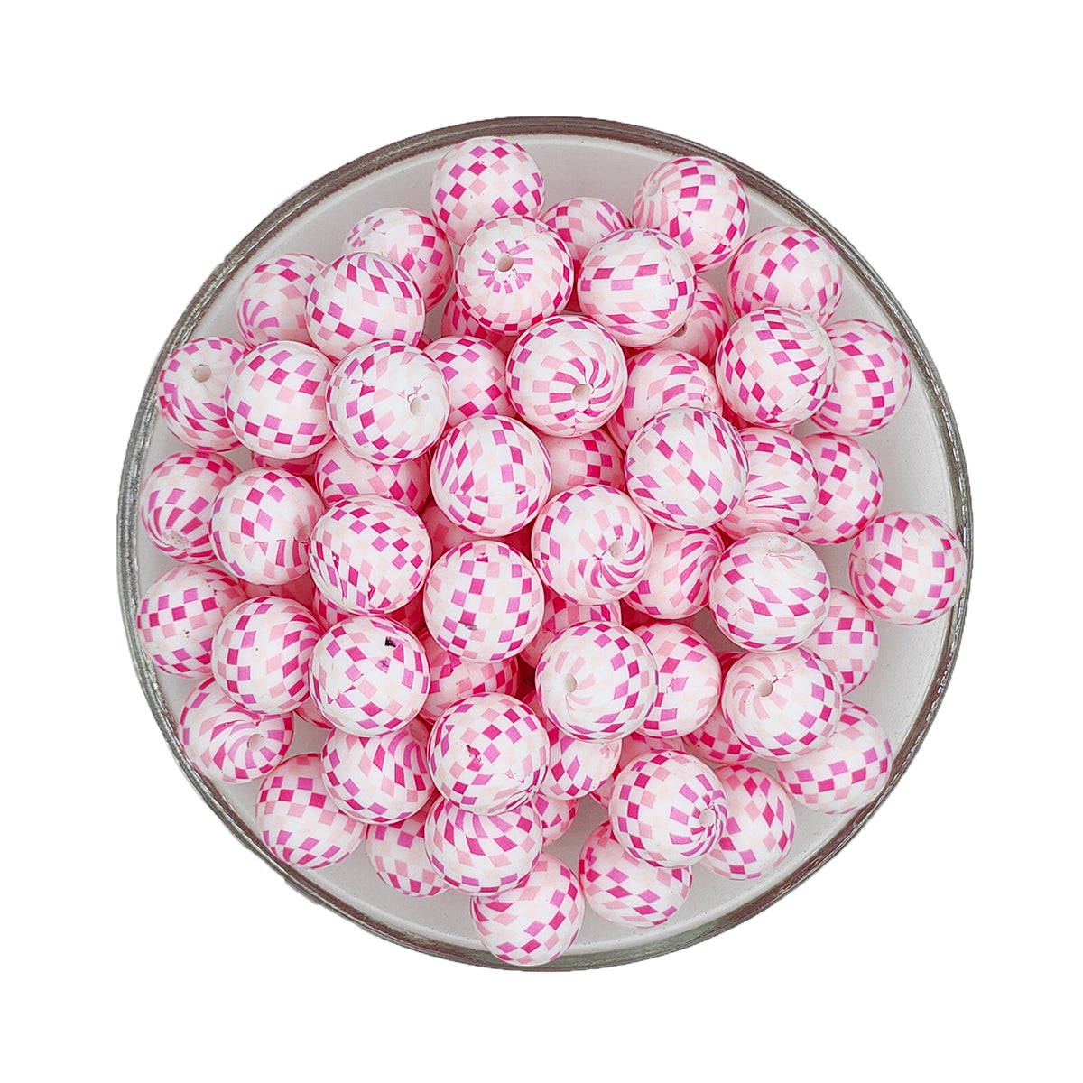 15mm Hot Pink Check Print Round Silicone Beads