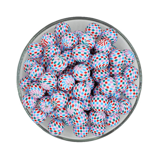 15mm Colored Check Print Round Silicone Beads