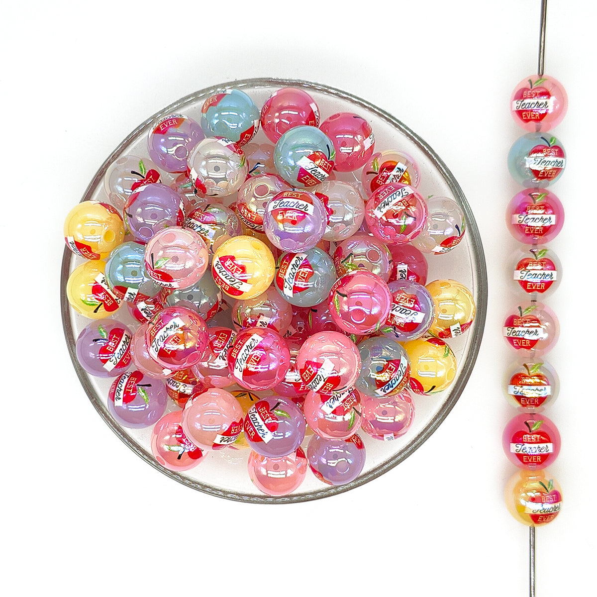 16mm Best Teacher Ever Apple Print Assorted Acrylic Gumball Beads