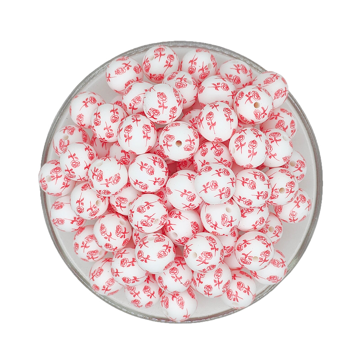 15mm Red Rose Print Round Silicone Beads