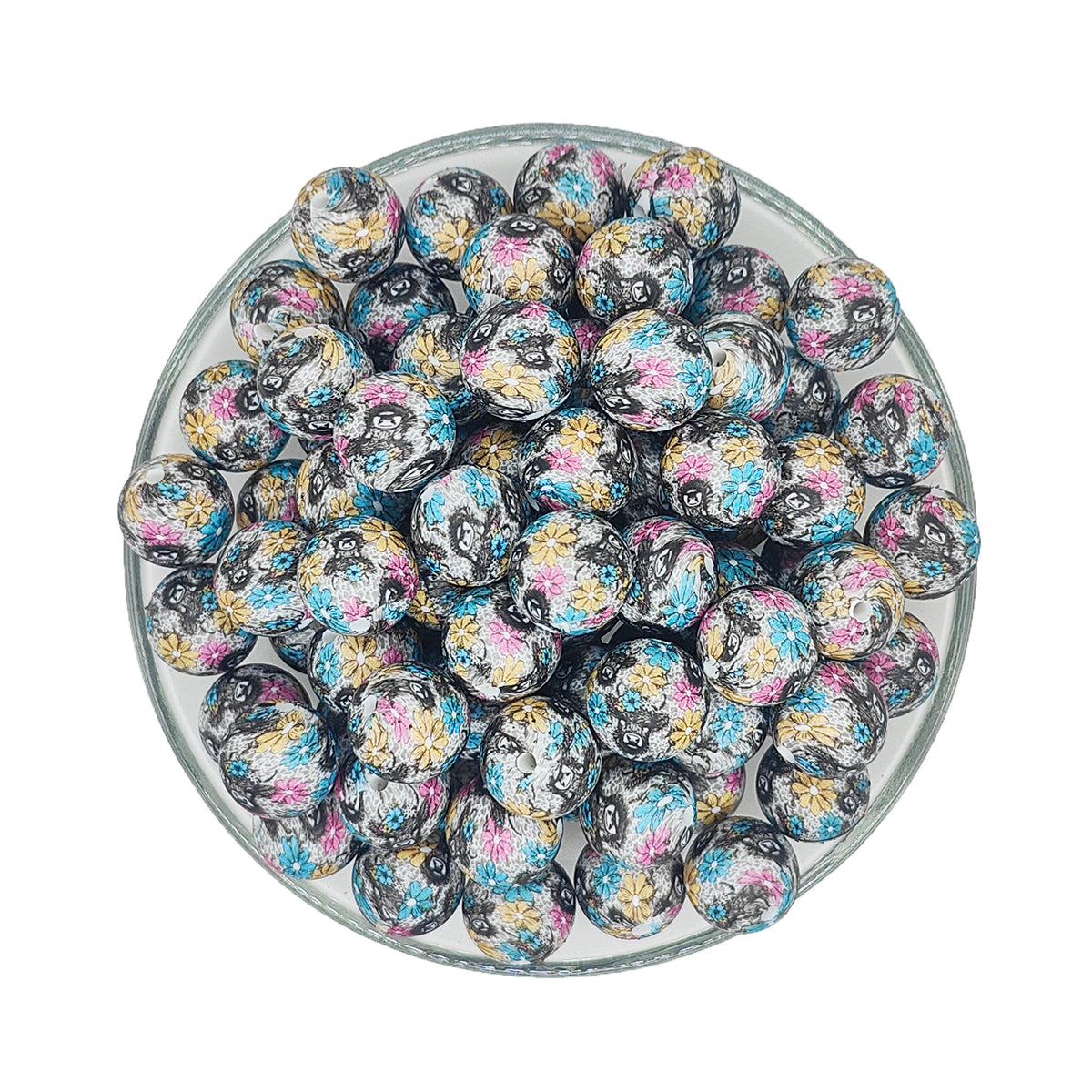 15mm Highland Cow Floral Print Round Silicone Beads