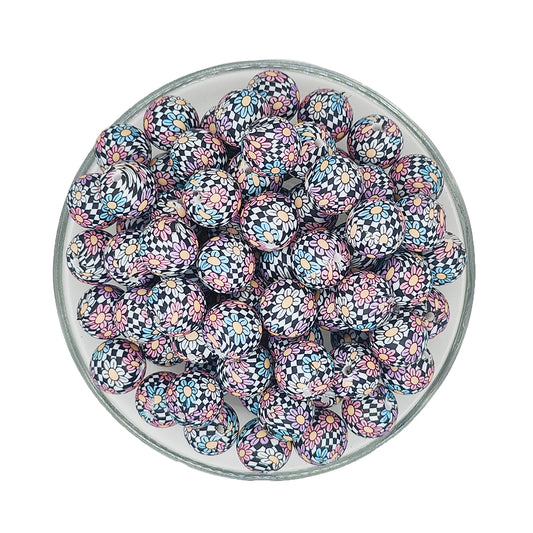 15mm Floral Check Print Round Silicone Beads