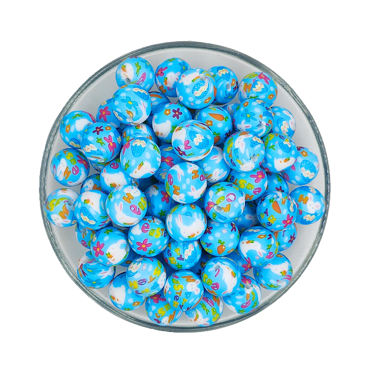 15mm Blue Happy Easter Print Round Silicone Beads