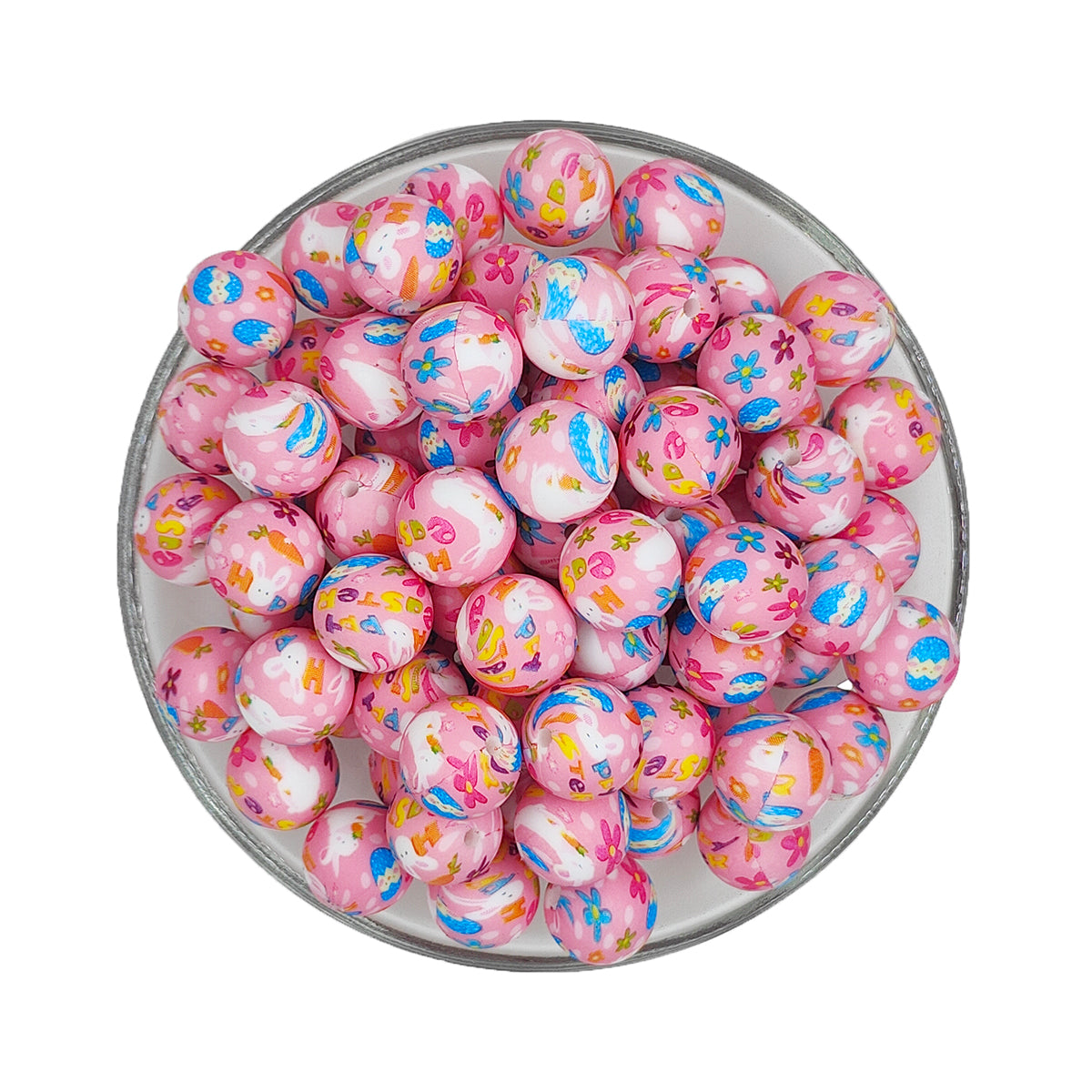 15mm Pink Happy Easter Print Round Silicone Beads