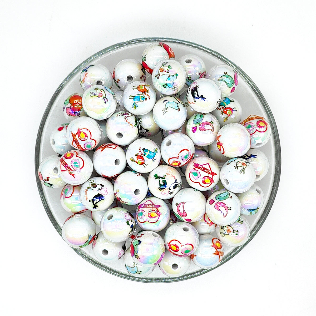 16mm Bird Love Print Assorted Acrylic Gumball Beads