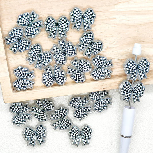 Large Black White Plaid Bow Acrylic Focal Beads