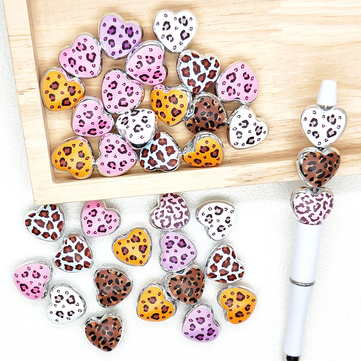 Leopard Print Heart Acrylic Beads,Mixed Color,Pen Beads