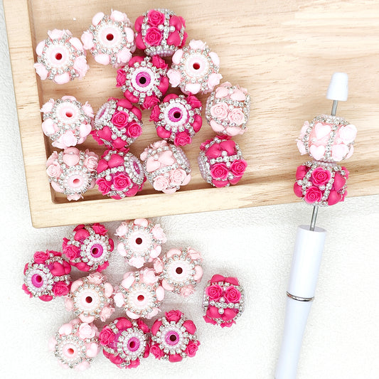 Mixed Color Rose Heart Rhinestone Beads,Acrylic Floral Beads