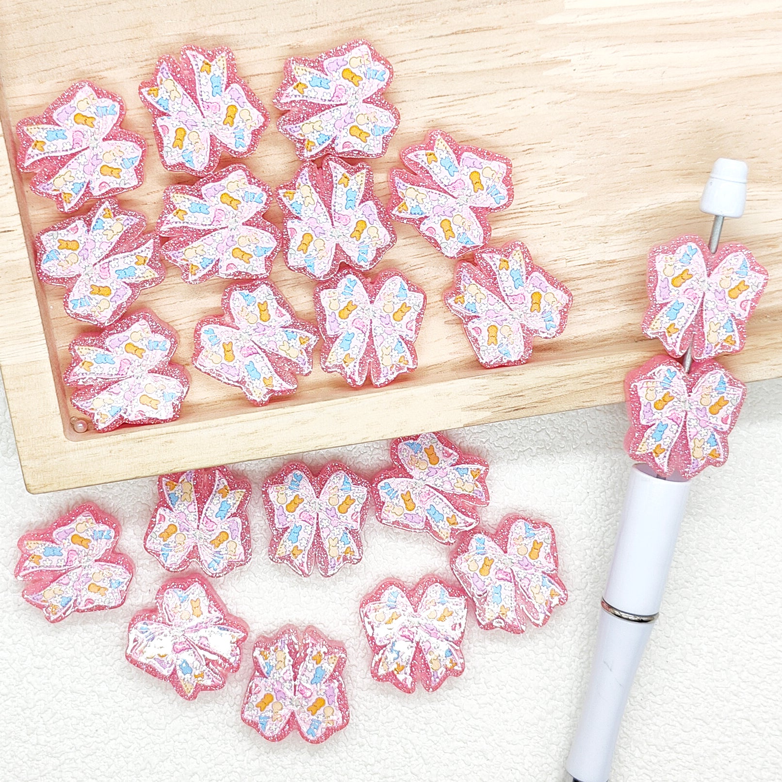 Pink Glitter Bow Acrylic Focal Beads