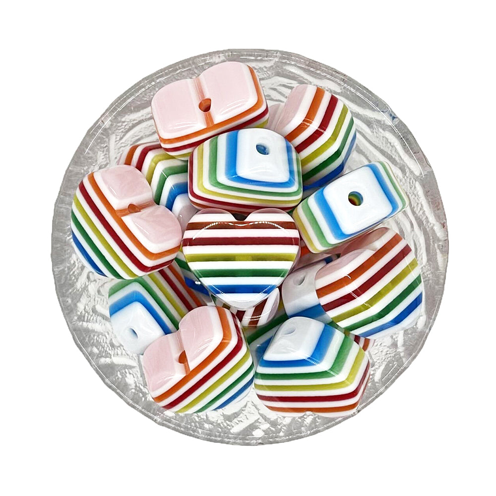 White Rainbow Stripe Heart Bubblegum Acrylic Beads