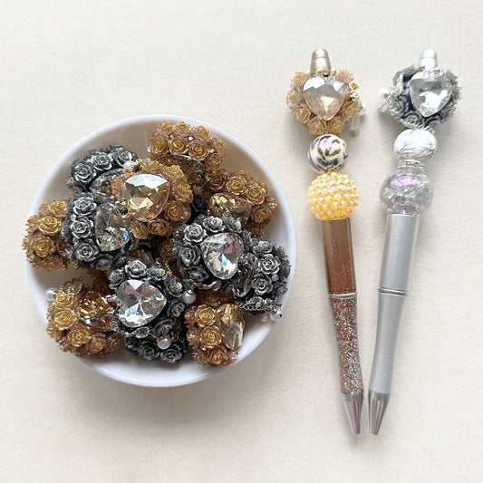 Metallic Fancy Flower Heart Gem Beads,Sparkling Polymer Clay Dangly Bead