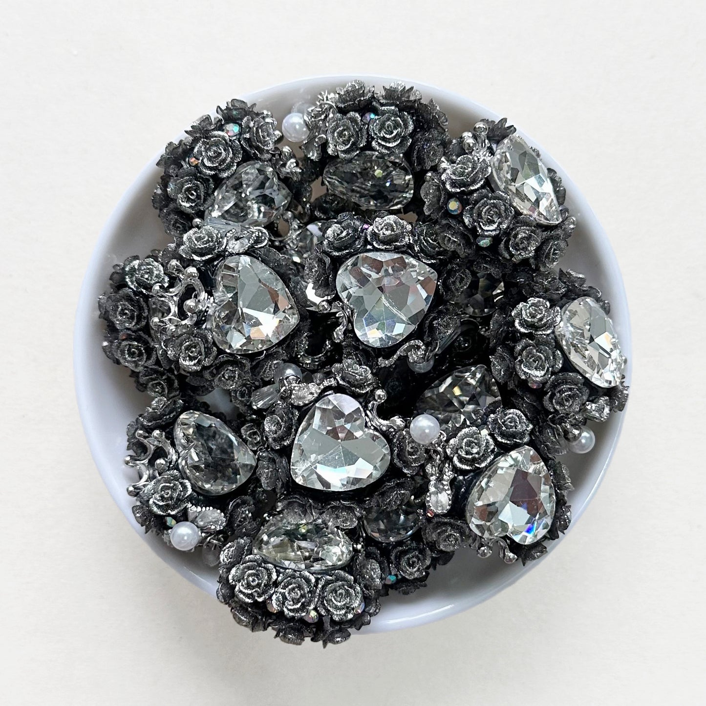 Metallic Fancy Flower Heart Gem Beads,Sparkling Polymer Clay Dangly Bead