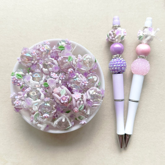 Fancy Purple Flower Acrylic Balll Beads,Hand Painted Beads