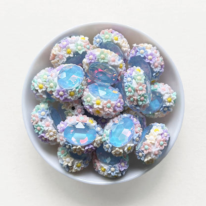 Oval Gem Floral Polymer Clay Beads, Fancy Beads