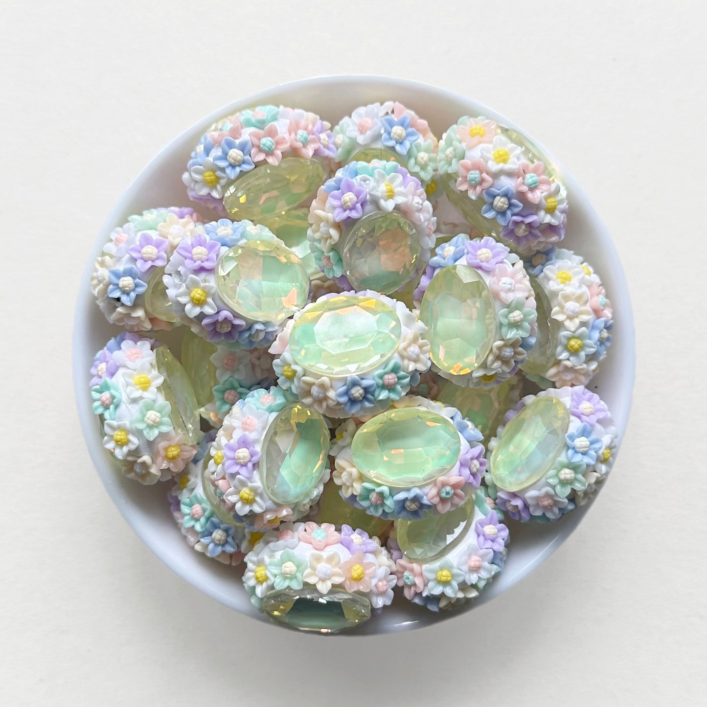 Oval Gem Floral Polymer Clay Beads, Fancy Beads