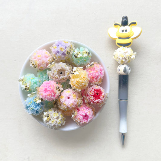 Flower Bee Acrylic Beads, 20mm Bee Flower Ball, Bubblegum Beads