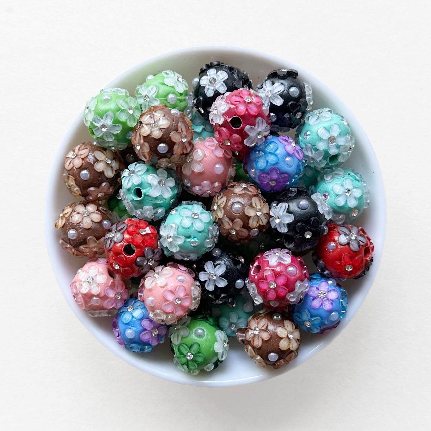 16mm Fancy Rhinestone Flower Polymer Clay Gumball Beads