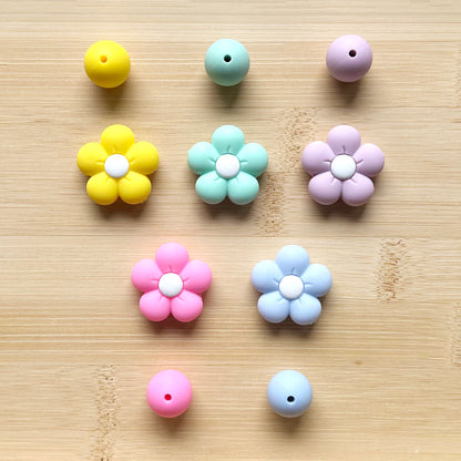 Flower Focal And 15mm Silicone Beads Assorted Pack 110Pcs