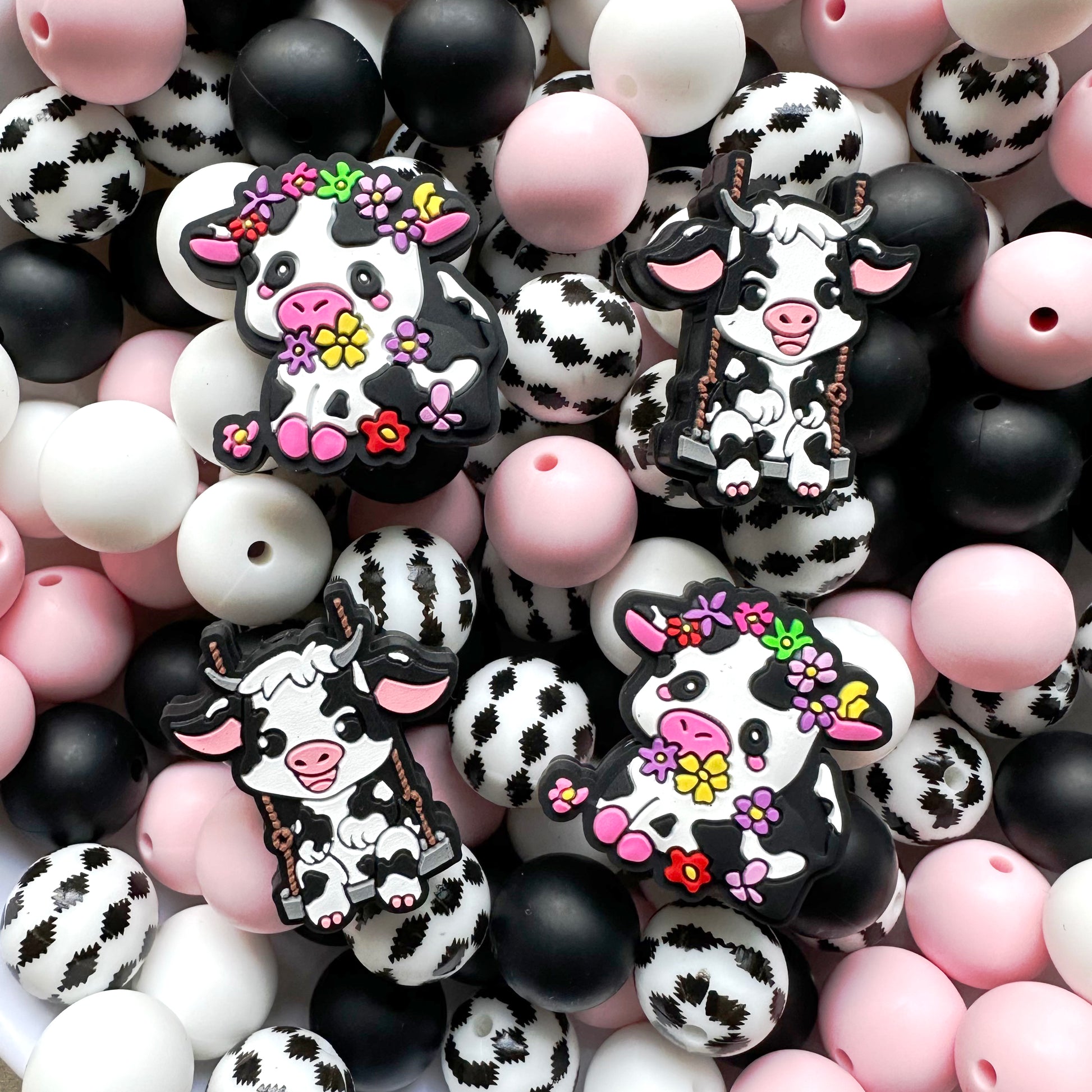 24/48Pcs Assorted Cow Silicone Beads Mix Pack