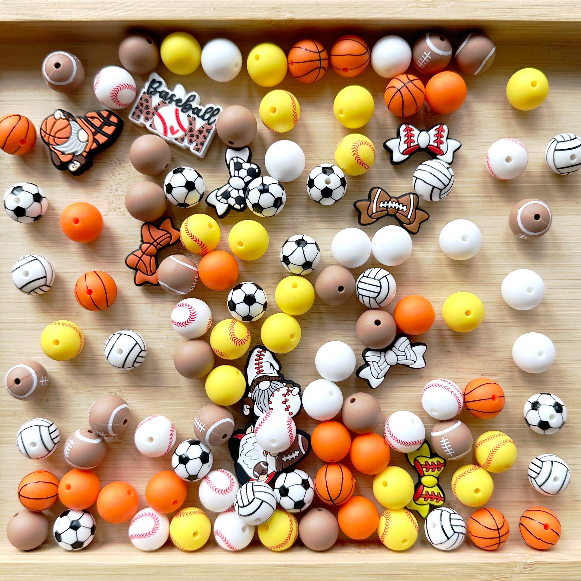 110Pcs Assorted Beads, Soccer American Football Baseball Sport Silicone Beads