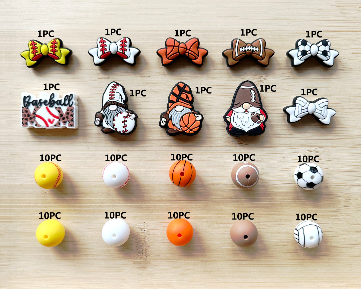 110Pcs Assorted Soccer American Football Baseball Sport Silicone Beads