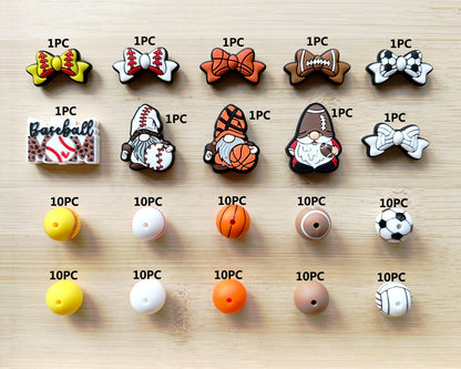 110Pcs Assorted Soccer American Football Baseball Sport Silicone Beads