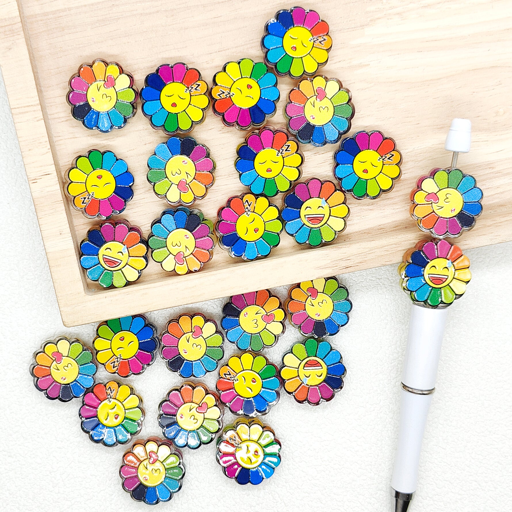 Rainbow Smiley Flower Acrylic Focal Beads