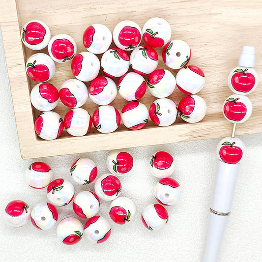 Red Apple Print Gumball Acrylic 16mm Round Beads
