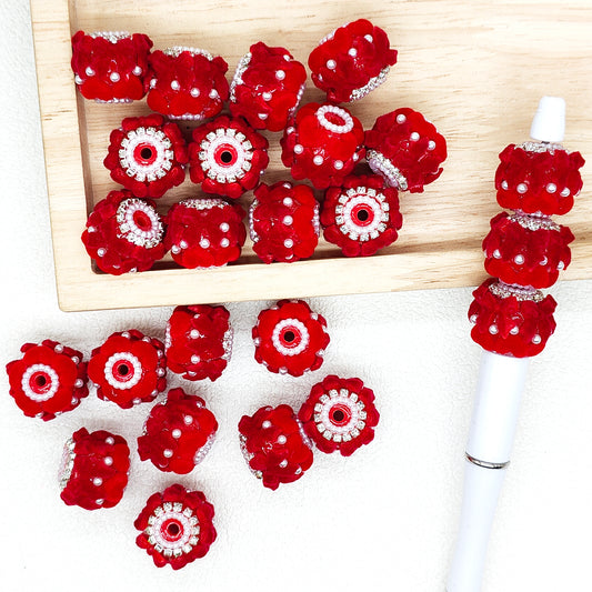 Red Flocked Bow Heart Beads Rhinestone Pearl Fancy Acrylic Bead