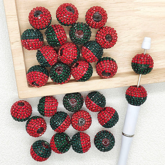 Red Green Christmas Pave Rhinestone Acrylic Fancy Bubblegum Beads