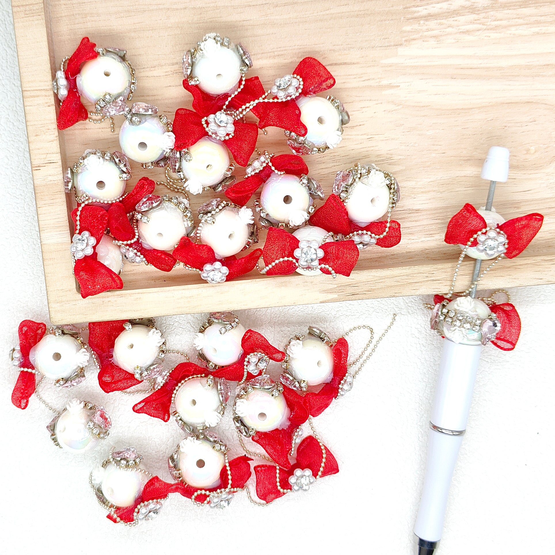 Red Ribbon Bowknot Dangly Tassels Acrylic Beads