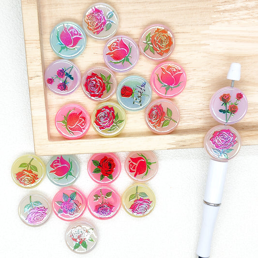Rose Flower Print Flat Round Acrylic Beads,Assorted Color