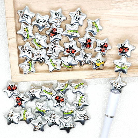 Silver Star Shape Print Acrylic Beads,Loose Bead