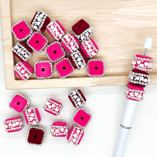 Sparkly Rhinestone Heart Flocked Cube Beads,Fancy Bead