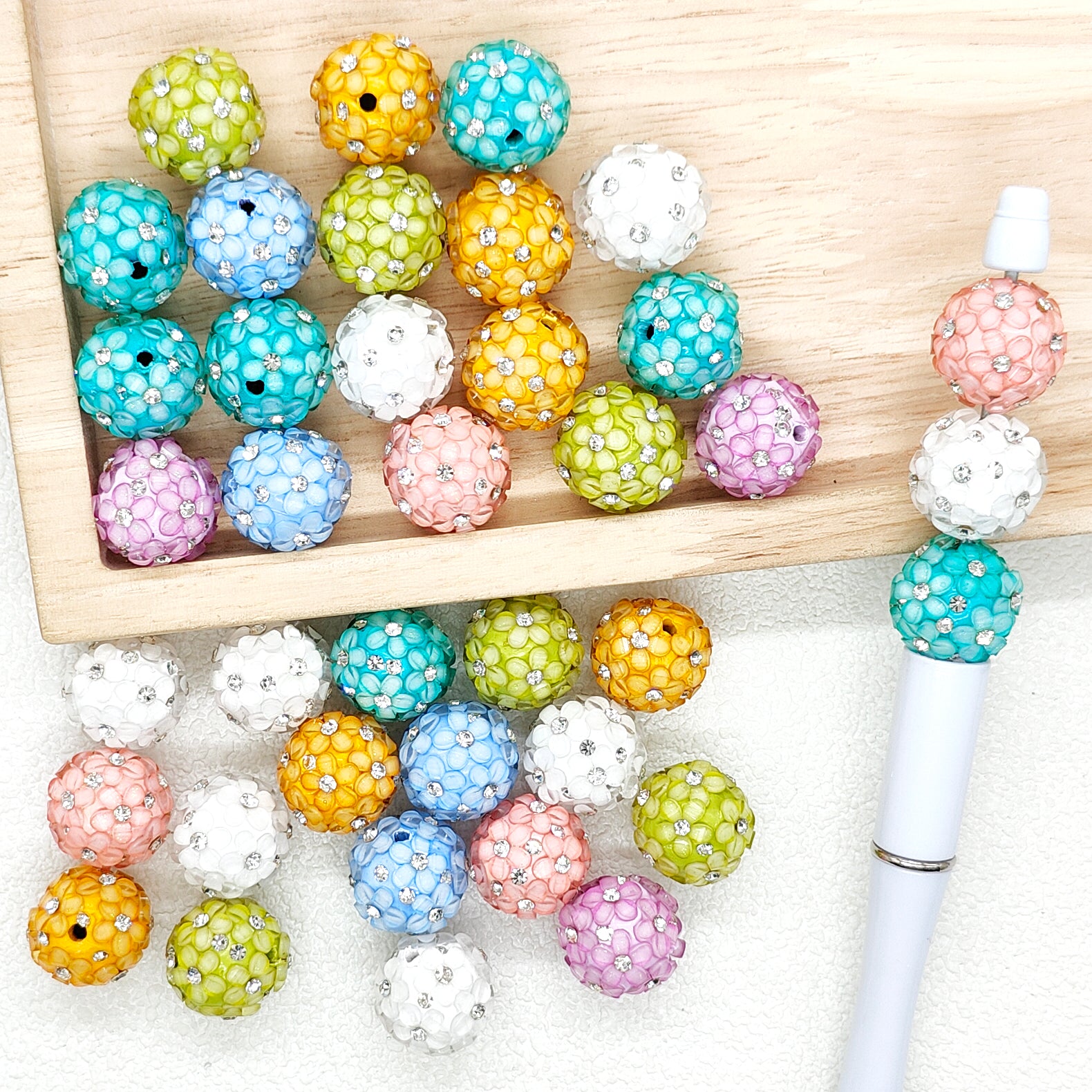 Spring Flower Polymer Clay Beads,Rhinestone Floral Ball