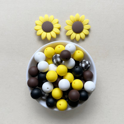 52Pcs Assorted Set, Sunflower Focal Beads & 15mm Silicone Beads