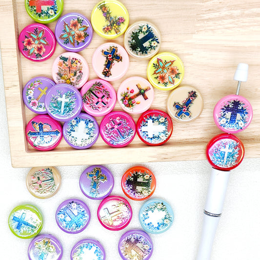 UV Cross Christian Floral Print Acrylic Flat Round Beads