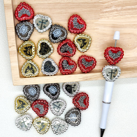 Vintage Heart Beads,Metallic Cross Butterfly Floral Print Heart Acrylic Beads