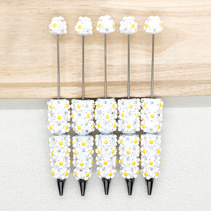 White Flower Sparkly Rhinestones Bead Pen,Floral Beadable Pen