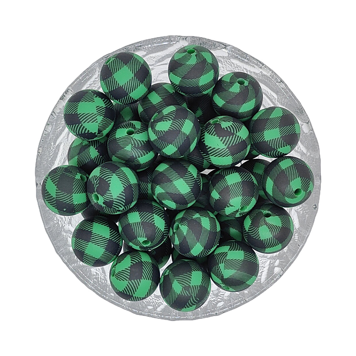 15mm Green Plaid Print Round Silicone Beads