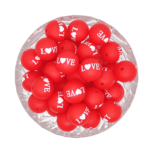 15mm Red Love Print Round Silicone Beads
