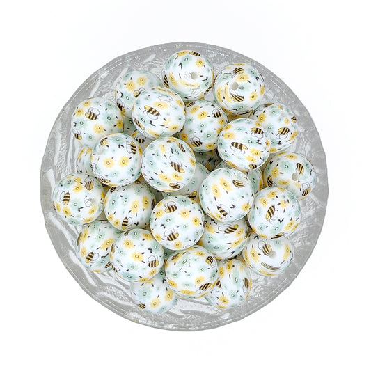 15mm Bee Flower Print Round Silicone Beads