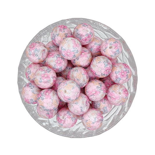 15mm Bloom Pink Flowers Print Round Silicone Beads